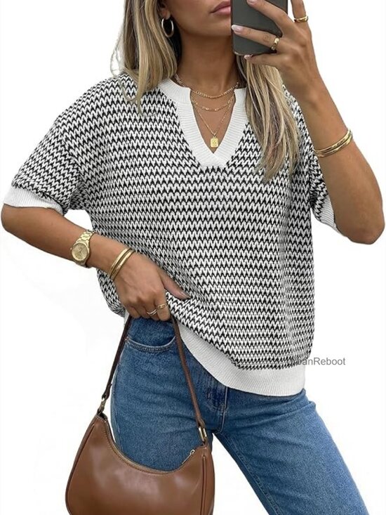Sweaters - 100% Cotton Polo V Neck Short Sleeve Pullover Sweater